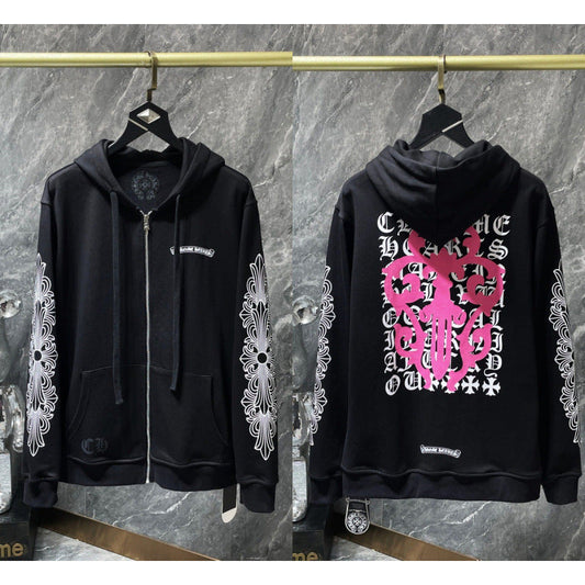 Chrome Hearts Pink Complex Scroll & Cross Zip-Up Hoodie (Black)