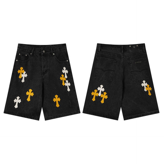 Chrome Hearts Black & Orange-White Cross Patch Denim Shorts