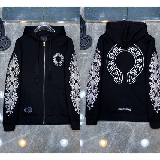 Chrome Hearts Horseshoe & Floral Cross Zip-Up Hoodie (Black)