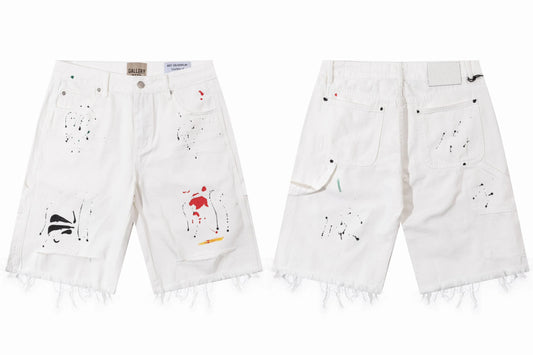 Gallery Dept. Raw-Edge Distressed Paint Splatter Denim Shorts - White