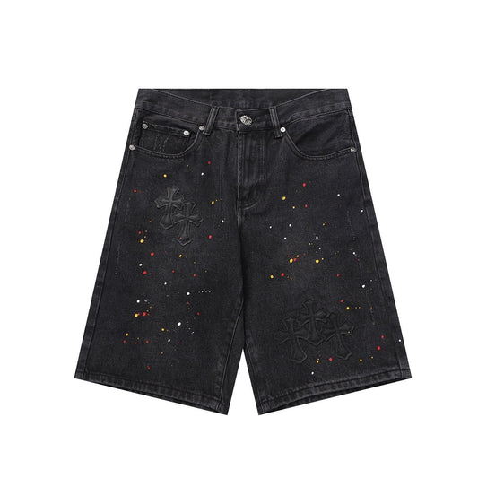 Chrome Hearts Black Heavy Wash & Paint Splatter Denim Shorts