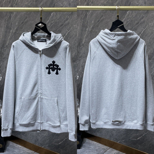 Chrome Hearts Black Floral Cross Zip-Up Hoodie (Light Grey)
