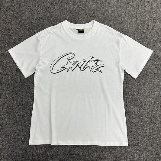 Black Outline Graphic Print White T-Shirt Unisex Streetwear Casual Short Sleeve Tee